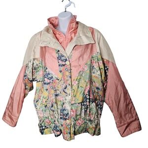Cambridge Women Floral Colorblock Vintage Zip Front Jacket Size M Pink Retro 80s